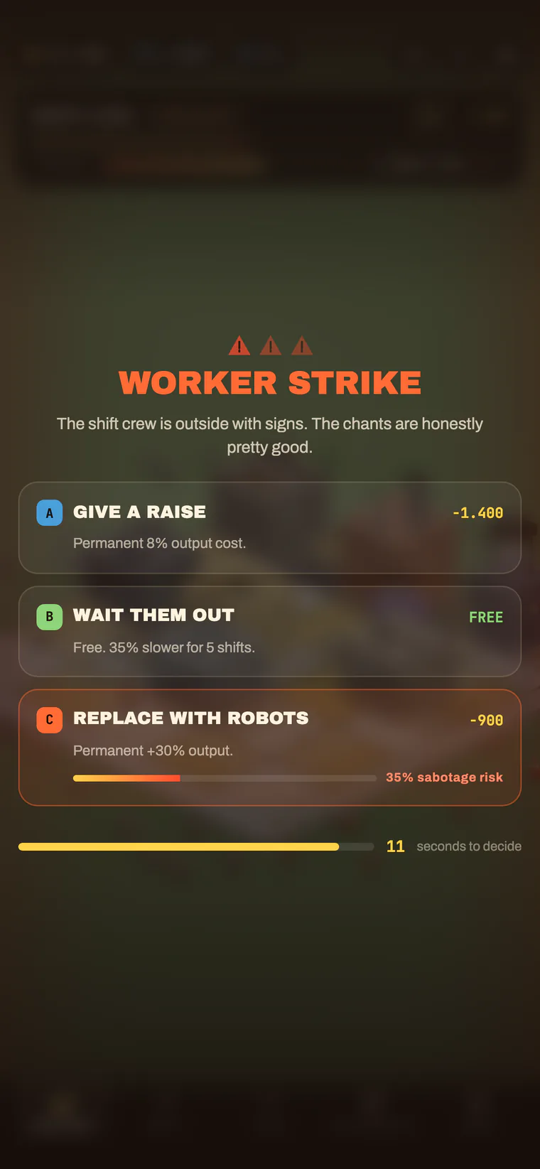 Crisis screen: a workers’ strike with three options and a countdown