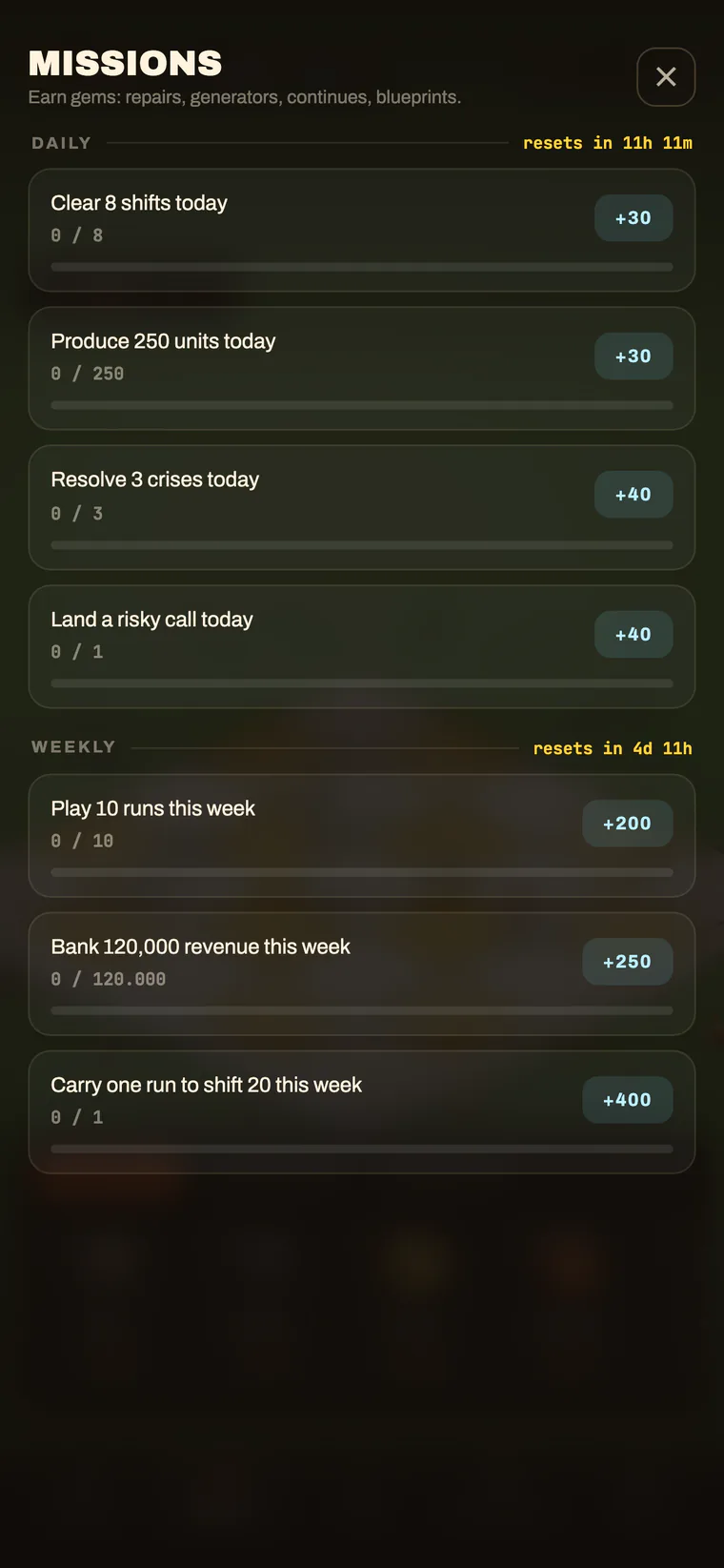 Daily and weekly missions with gem rewards