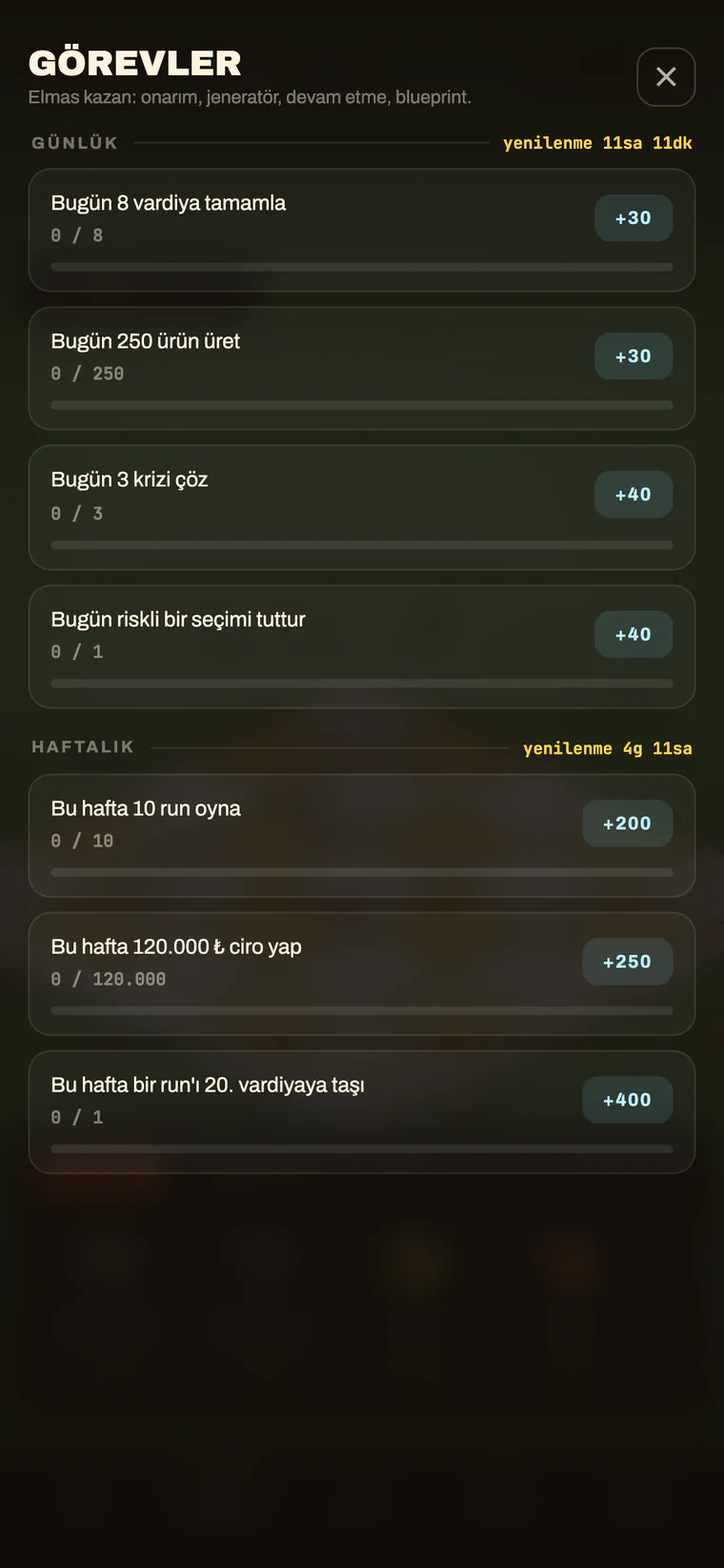 Günlük ve haftalık görevler ve elmas ödülleri