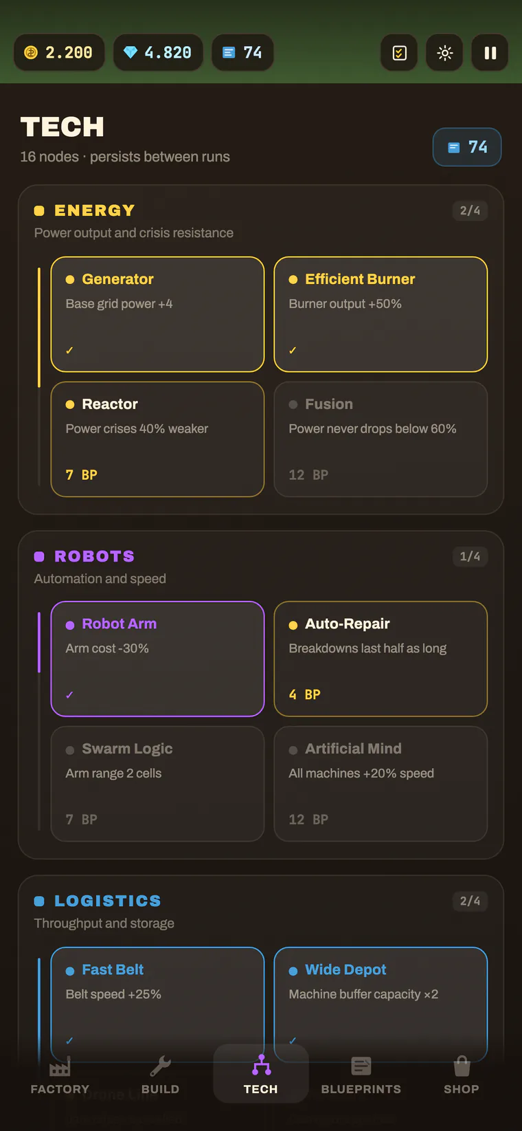 Tech tree: energy, robots and logistics branches