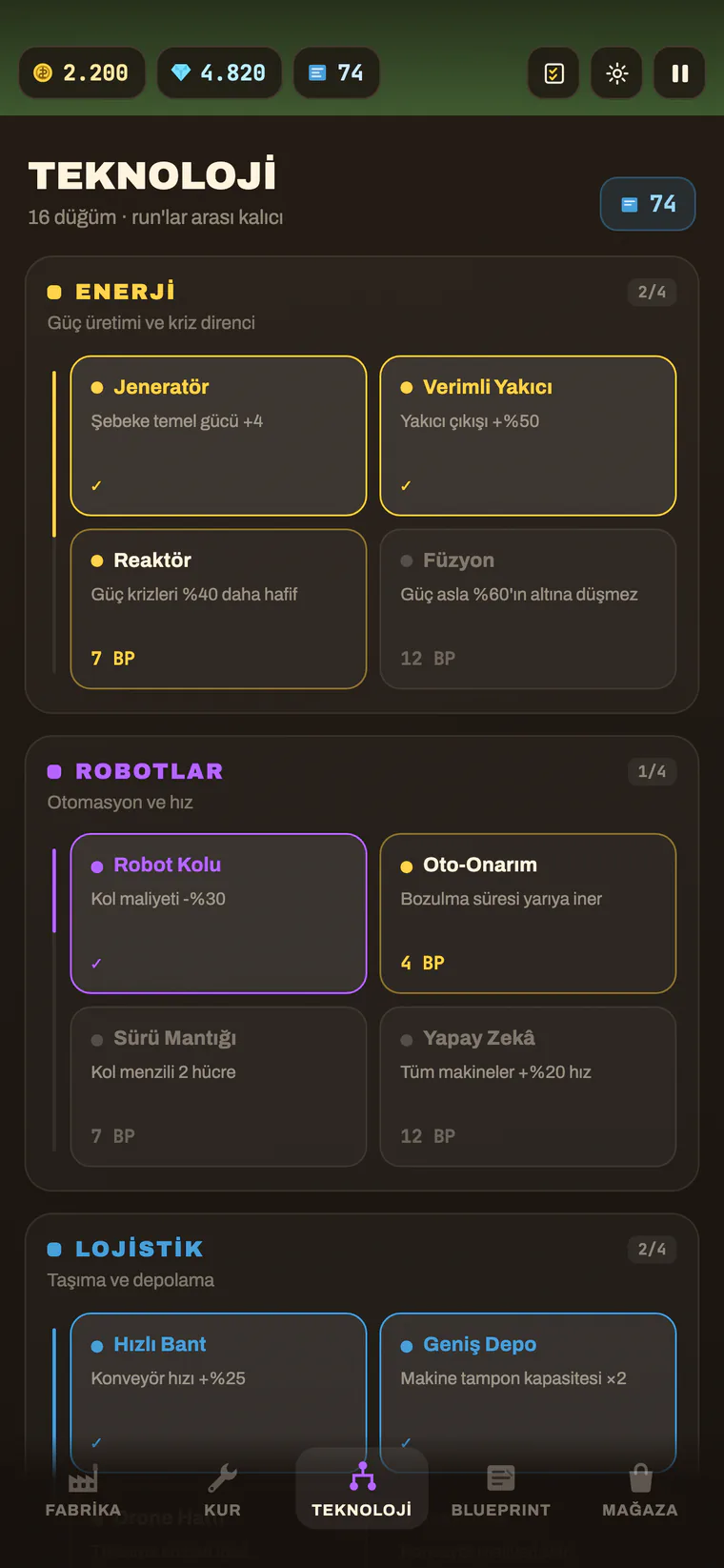 Teknoloji ağacı: enerji, robotlar ve lojistik dalları